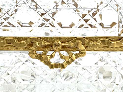 A Large Antique BACCARAT Cut Crystal Casket with Large Dore Bronze Bow Clasp.
