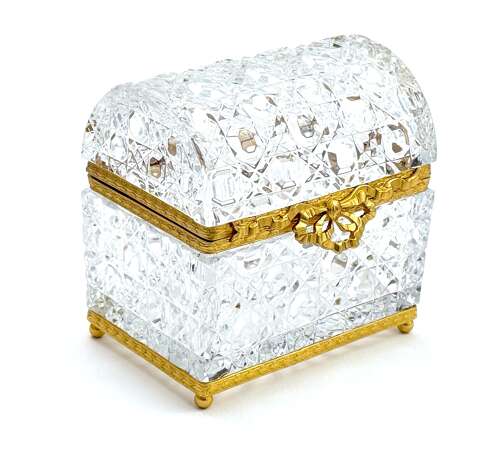 A Large Antique BACCARAT Cut Crystal Casket with Large Dore Bronze Bow Clasp.