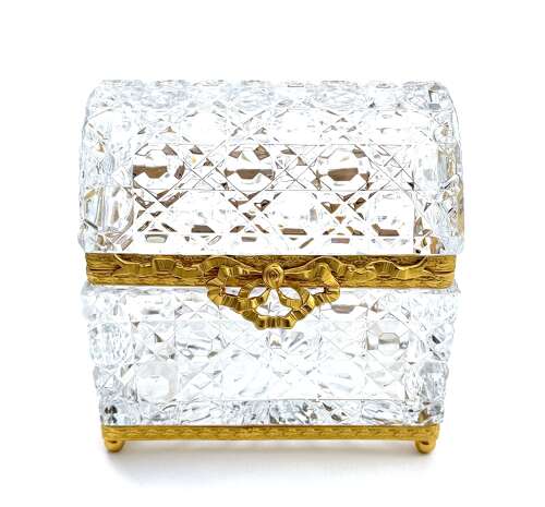 A Large Antique BACCARAT Cut Crystal Casket with Large Dore Bronze Bow Clasp.