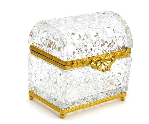 A Large Antique BACCARAT Cut Crystal Casket with Large Dore Bronze Bow Clasp.
