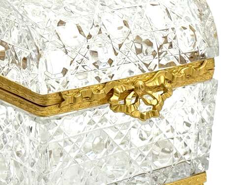 A Large Antique BACCARAT Cut Crystal Casket with Large Dore Bronze Bow Clasp.