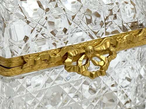A Large Antique BACCARAT Cut Crystal Casket with Large Dore Bronze Bow Clasp.