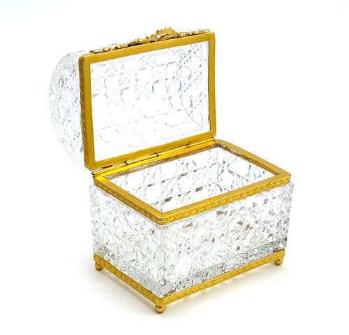 A Large Antique BACCARAT Cut Crystal Casket with Large Dore Bronze Bow Clasp.