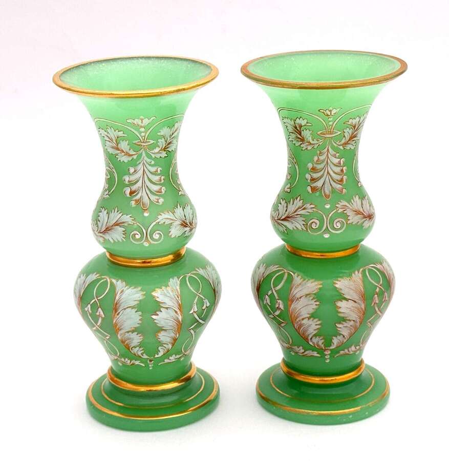An Exquisite&nbsp;Pair of Antique Bohemian Uranium Glass Vases&nbsp;