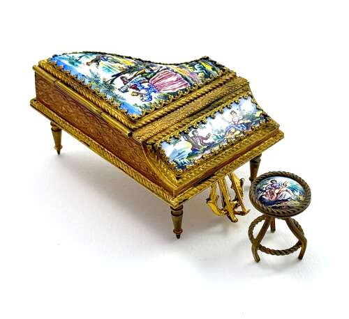Antique French Dore Bronze and Enamel Grand Piano and Stool Vide-Poche.