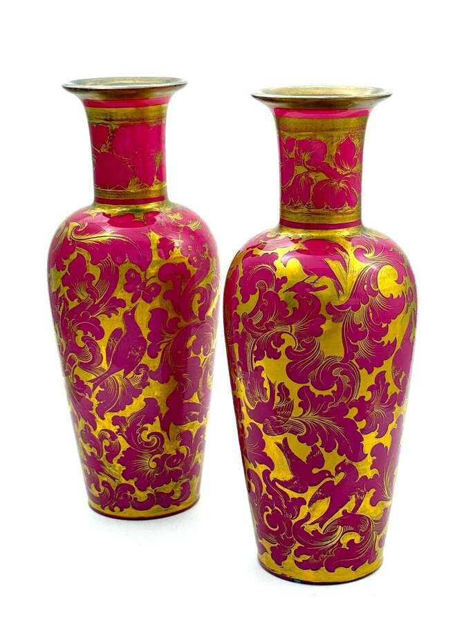 A Pair of Antique Baccarat Pink Opaline Glass Vases with&nbsp;Enamelled Birds and Butterflies