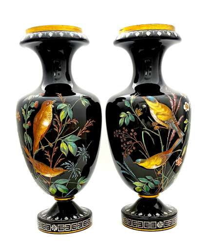 Large Pair of Antique Moser Black Opaline Glass Vases with Enamelled Birds and Wildflowers