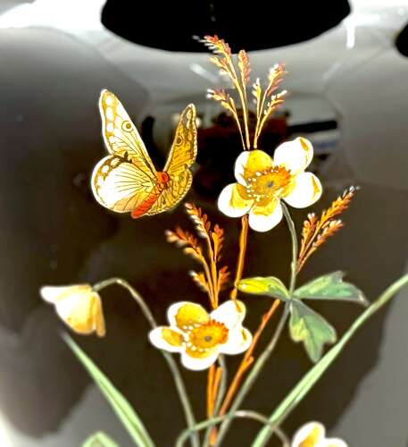 Large Pair of Antique Moser Black Opaline Glass Vases with Enamelled Birds and Wildflowers
