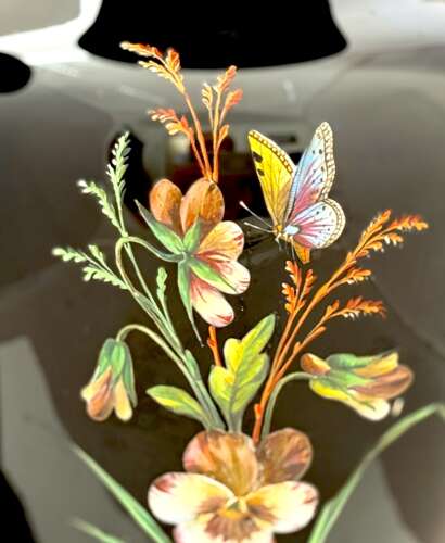 Large Pair of Antique Moser Black Opaline Glass Vases with Enamelled Birds and Wildflowers