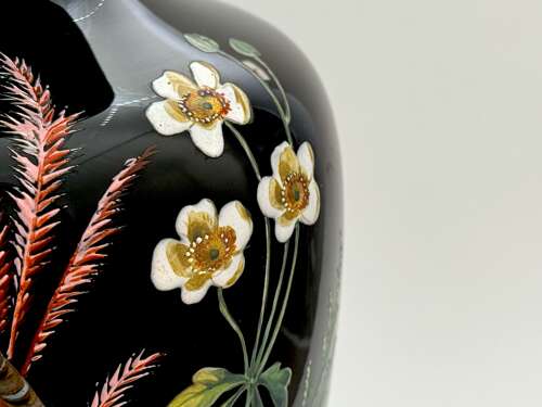 Large Pair of Antique Moser Black Opaline Glass Vases with Enamelled Birds and Wildflowers