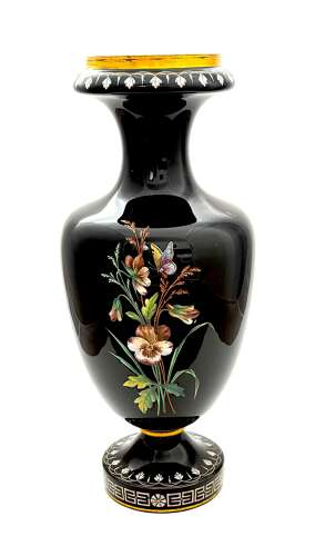 Large Pair of Antique Moser Black Opaline Glass Vases with Enamelled Birds and Wildflowers