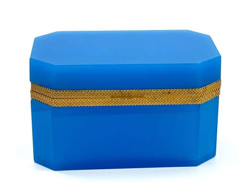 Rare XL Large Antique Blue Opaline Glass Casket Box with Fancy Dore Bronze Mounts.