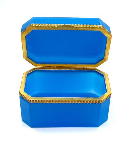 Rare XL Large Antique Blue Opaline Glass Casket Box with Fancy Dore Bronze Mounts.