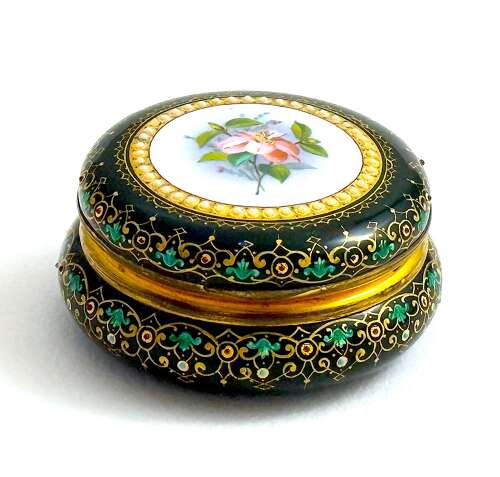 Antique French Green Enamelled Pill Box with Raised Jewels, attrib. Alphonse Tahan