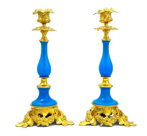 A Fine Pair of Antique French Blue Opaline Glass & Ormolu Candlesticks