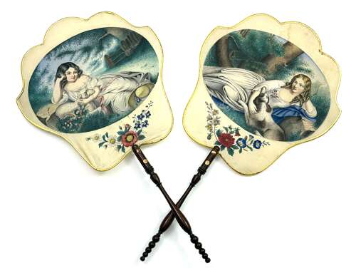 A Signed Pair of Charming Antique French Silk Hand Face Screens