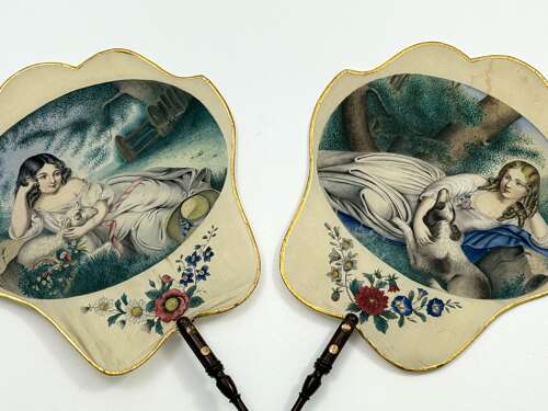 A Signed Pair of Charming Antique French Silk Hand Face Screens