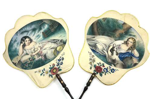 A Signed Pair of Charming Antique French Silk Hand Face Screens