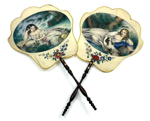 A Signed Pair of Charming Antique French Silk Hand Face Screens