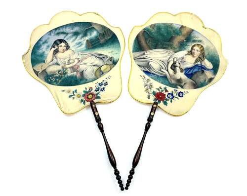 A Signed Pair of Charming Antique French Silk Hand Face Screens