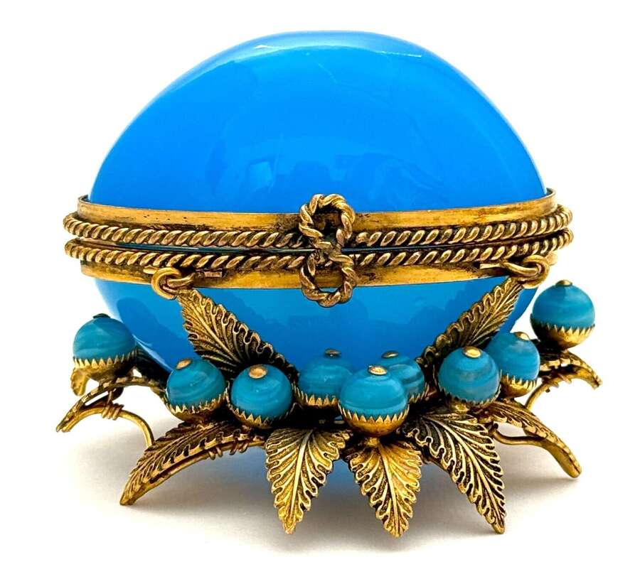 A Pretty Antique Palais Royal  Blue Opaline Glass Egg Shaped Box