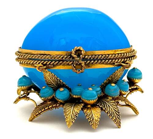 A Pretty Antique Palais Royal  Blue Opaline Glass Egg Shaped Box