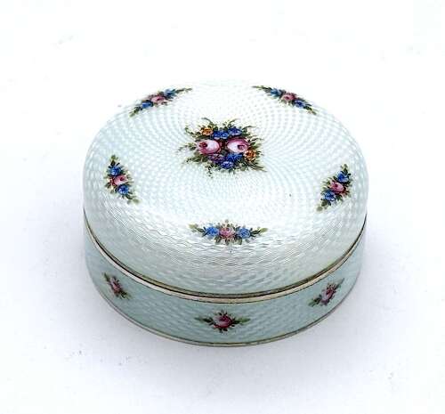 Antique Pale Cream Guilloché Enamel Box with Finely Hand Painted Floral Sprays of Roses