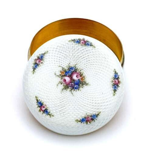 Antique Pale Cream Guilloché Enamel Box with Finely Hand Painted Floral Sprays of Roses