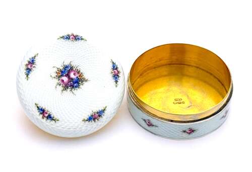 Antique Pale Cream Guilloché Enamel Box with Finely Hand Painted Floral Sprays of Roses