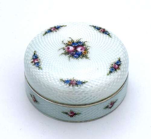 Antique Pale Cream Guilloché Enamel Box with Finely Hand Painted Floral Sprays of Roses