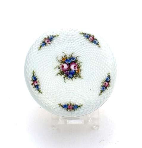 Antique Pale Cream Guilloché Enamel Box with Finely Hand Painted Floral Sprays of Roses