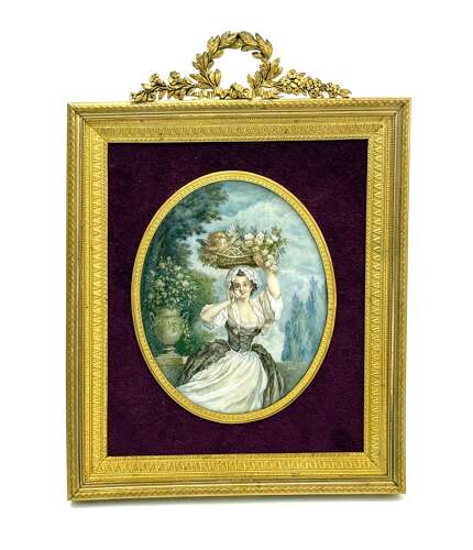 A Fine French Antique Signed Hand-Painted Porcelain Plaque in a Dore Bronze Frame 
