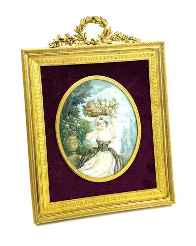 A Fine French Antique Signed Hand-Painted Porcelain Plaque in a Dore Bronze Frame