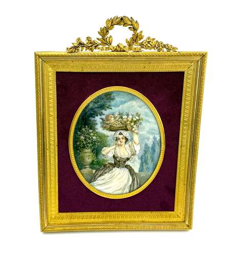 A Fine French Antique Signed Hand-Painted Porcelain Plaque in a Dore Bronze Frame