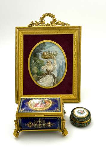 A Fine French Antique Signed Hand-Painted Porcelain Plaque in a Dore Bronze Frame