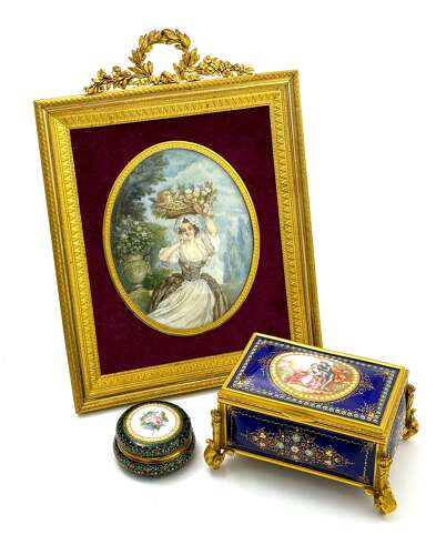 A Fine French Antique Signed Hand-Painted Porcelain Plaque in a Dore Bronze Frame