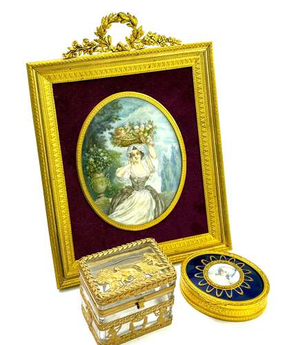 A Fine French Antique Signed Hand-Painted Porcelain Plaque in a Dore Bronze Frame