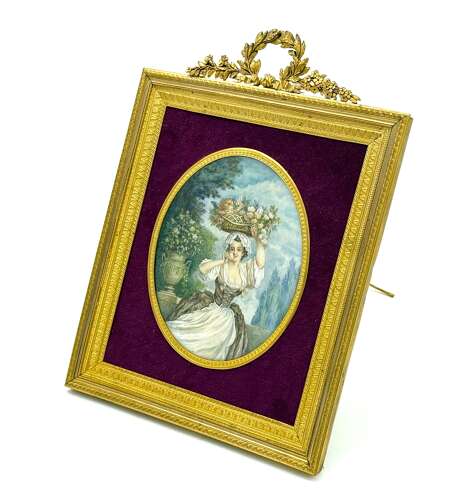 A Fine French Antique Signed Hand-Painted Porcelain Plaque in a Dore Bronze Frame