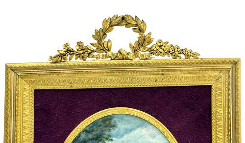 A Fine French Antique Signed Hand-Painted Porcelain Plaque in a Dore Bronze Frame