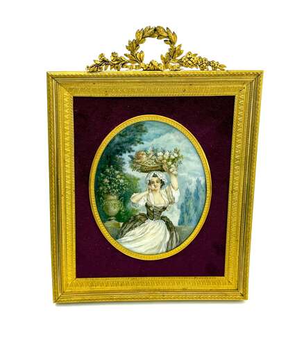 A Fine French Antique Signed Hand-Painted Porcelain Plaque in a Dore Bronze Frame