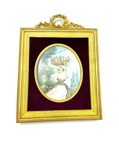 A Fine French Antique Signed Hand-Painted Porcelain Plaque in a Dore Bronze Frame