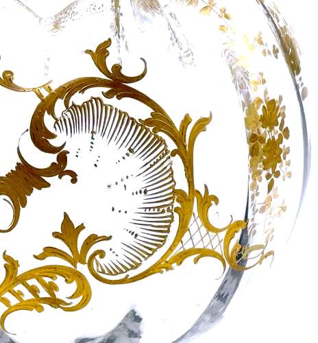 Antique French St Louis Crystal Glass Gold Enamelled Bowl with Undulating Rim.