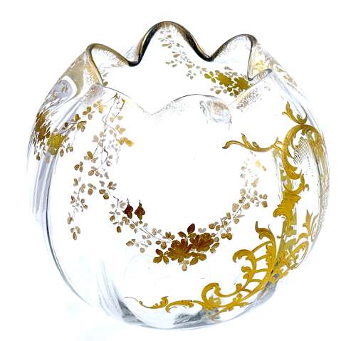 Antique French St Louis Crystal Glass Gold Enamelled Bowl with Undulating Rim.