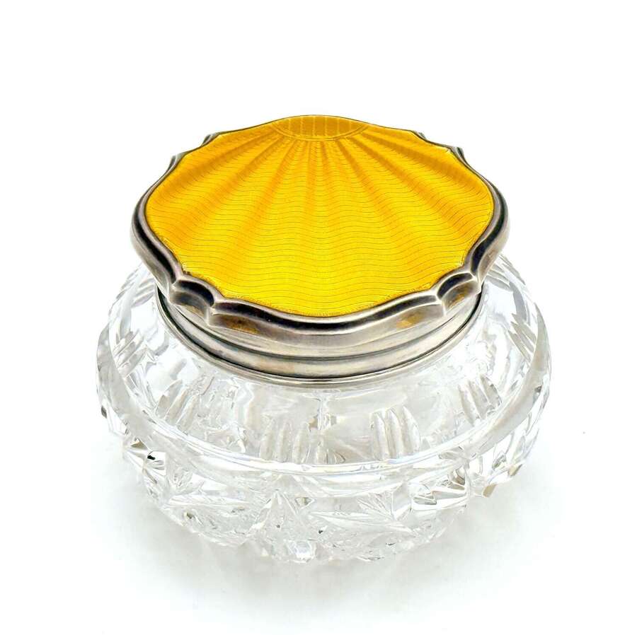 Antique Golden Yellow Guilloch&eacute; and Silver Crystal Cut Glass Jar and Cover.