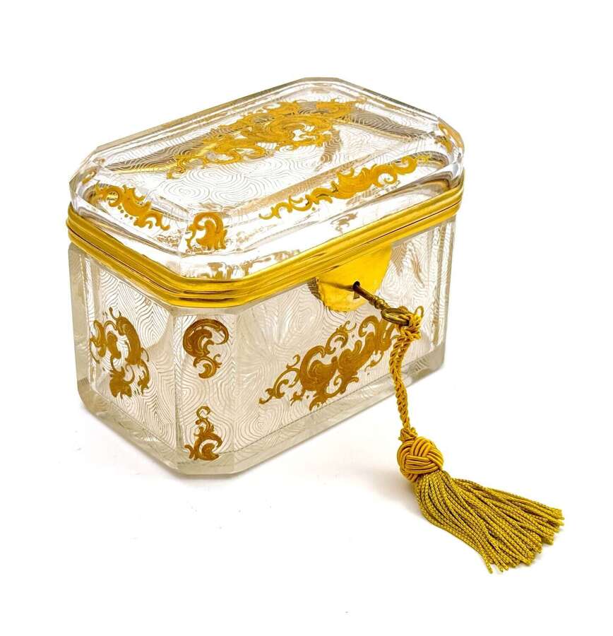 Antique Baccarat Cut Crystal Casket Decorated with Gold Enamelled Scrolling Arabesque