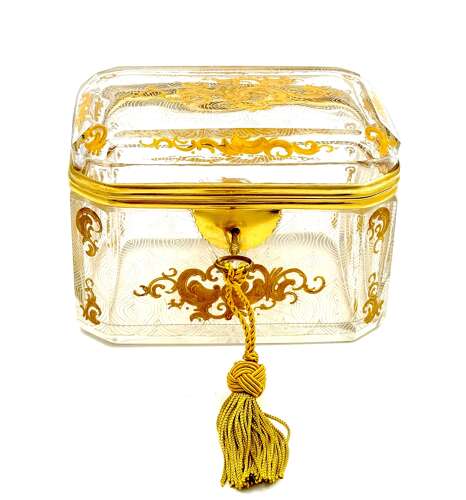 Antique Baccarat Cut Crystal Casket Decorated with Gold Enamelled Scrolling Arabesque