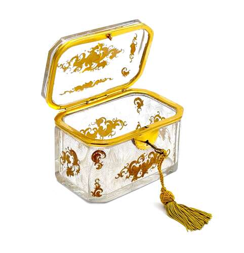 Antique Baccarat Cut Crystal Casket Decorated with Gold Enamelled Scrolling Arabesque