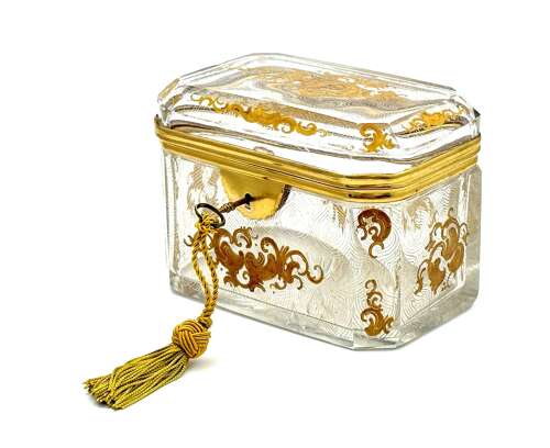 Antique Baccarat Cut Crystal Casket Decorated with Gold Enamelled Scrolling Arabesque
