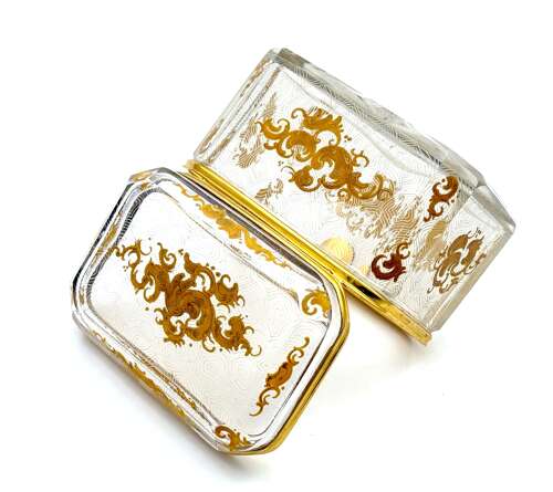 Antique Baccarat Cut Crystal Casket Decorated with Gold Enamelled Scrolling Arabesque