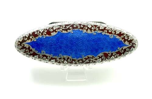 Antique Guilloche Enamel and Silver Navette Shaped Box with Hinged Lid.